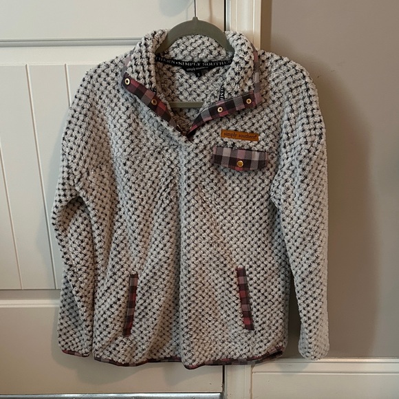 Grey Patterned Pullover with Plaid Accents - Picture 1 of 3